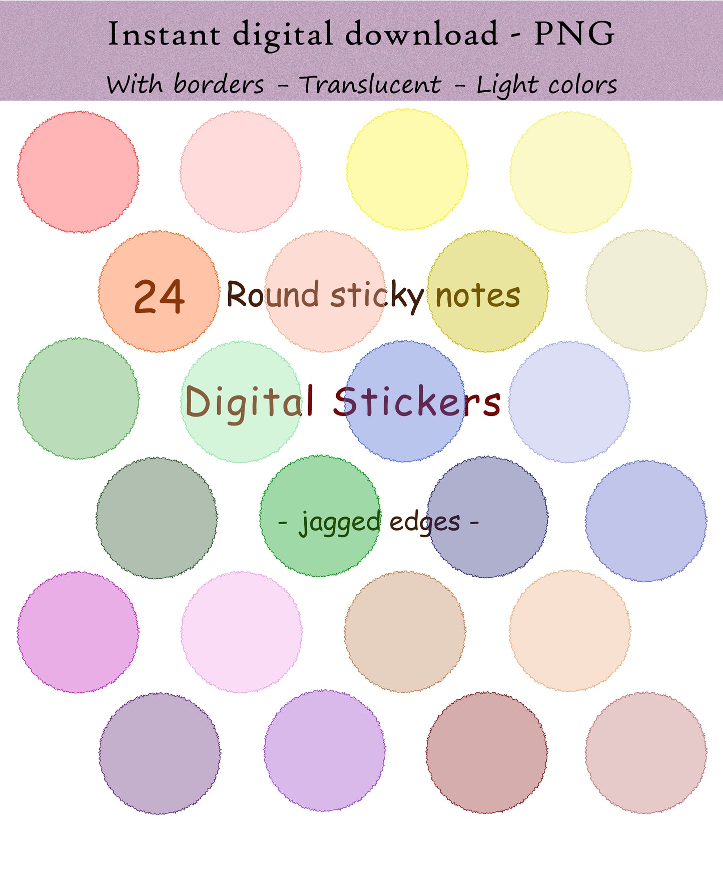 96 Round sticky notes | Jagged edges | Strong & Translucent colors - Digital sticker
