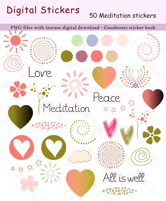 50 Hand-drawn Meditation stickers - Digital sticker