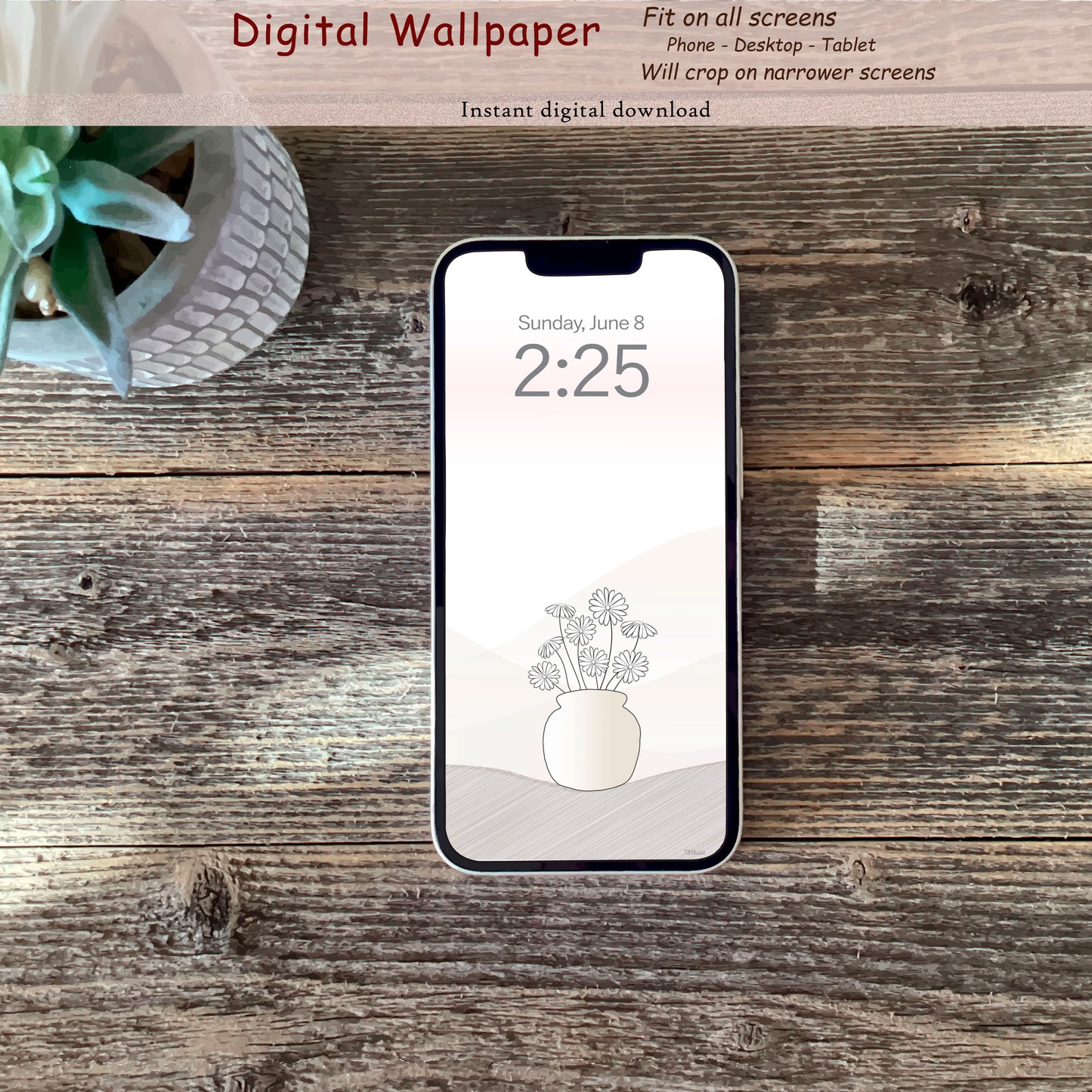 Minimalist Design - Pottery vase with flowers | Digital wallpaper | Fit for all screens