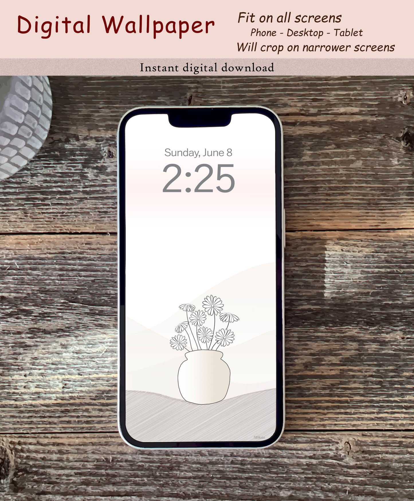 Minimalist Design - Pottery vase with flowers | Digital wallpaper | Fit for all screens