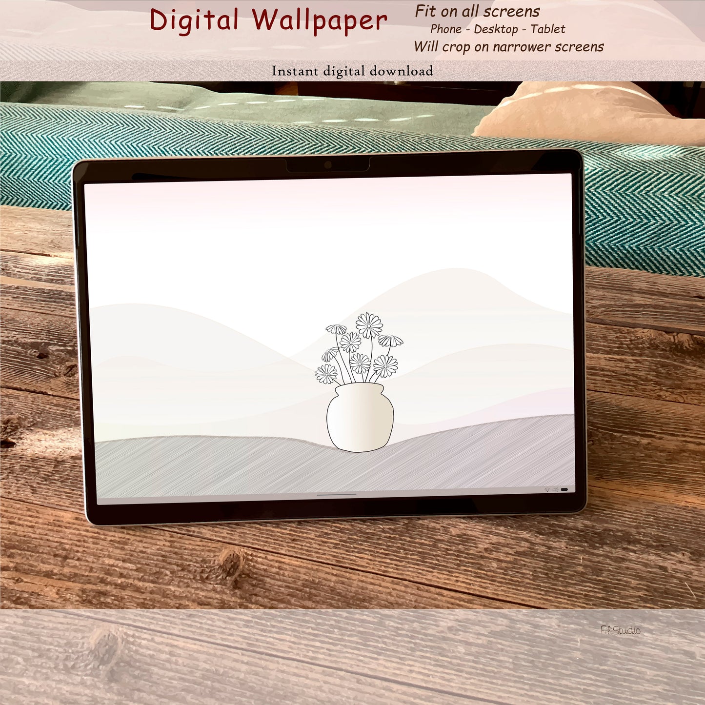 Minimalist Design - Pottery vase with flowers | Digital wallpaper | Fit for all screens