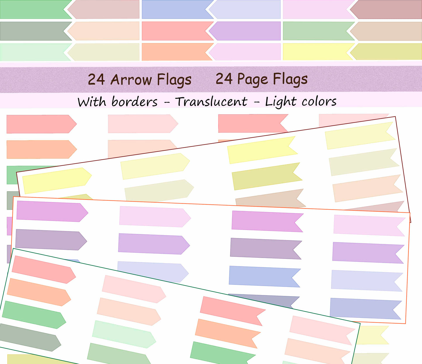Translucent arrow & page flags with border | Light colors - Digital sticker