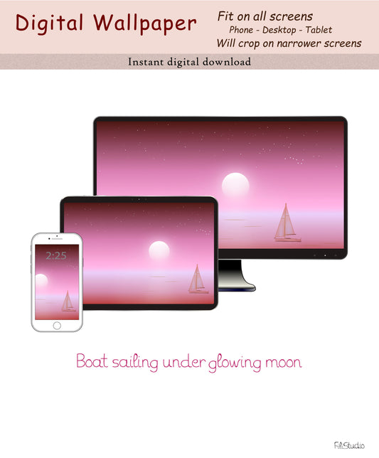 Boat sailing under glowing moon digital wallpaper | Fit for all screens