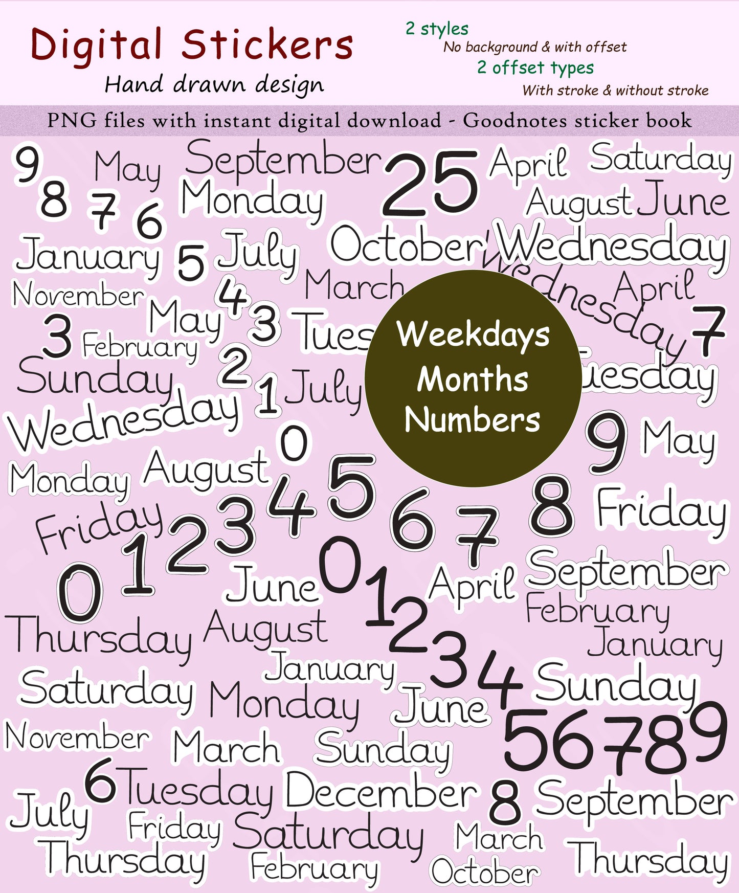 Hand-drawn Weekdays-Months-Numbers - Digital sticker