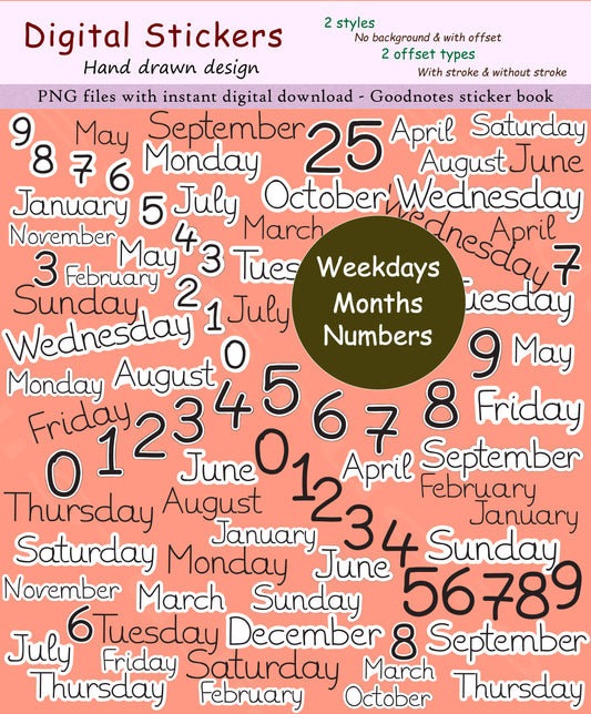 Hand-drawn Weekdays-Months-Numbers - Digital sticker